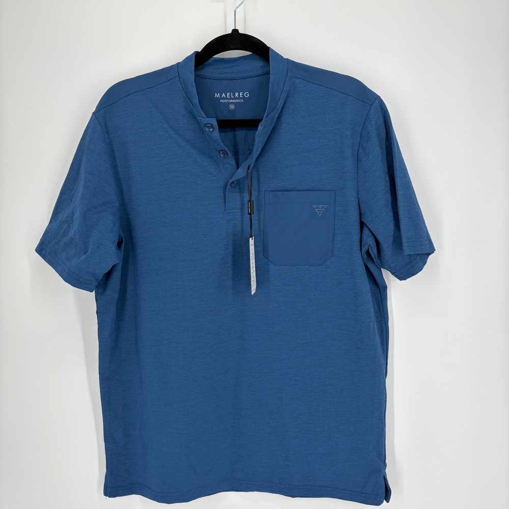 MAELREG Performance Henley Polo Shirt Men's Medium Blue Wicking Sun Smart